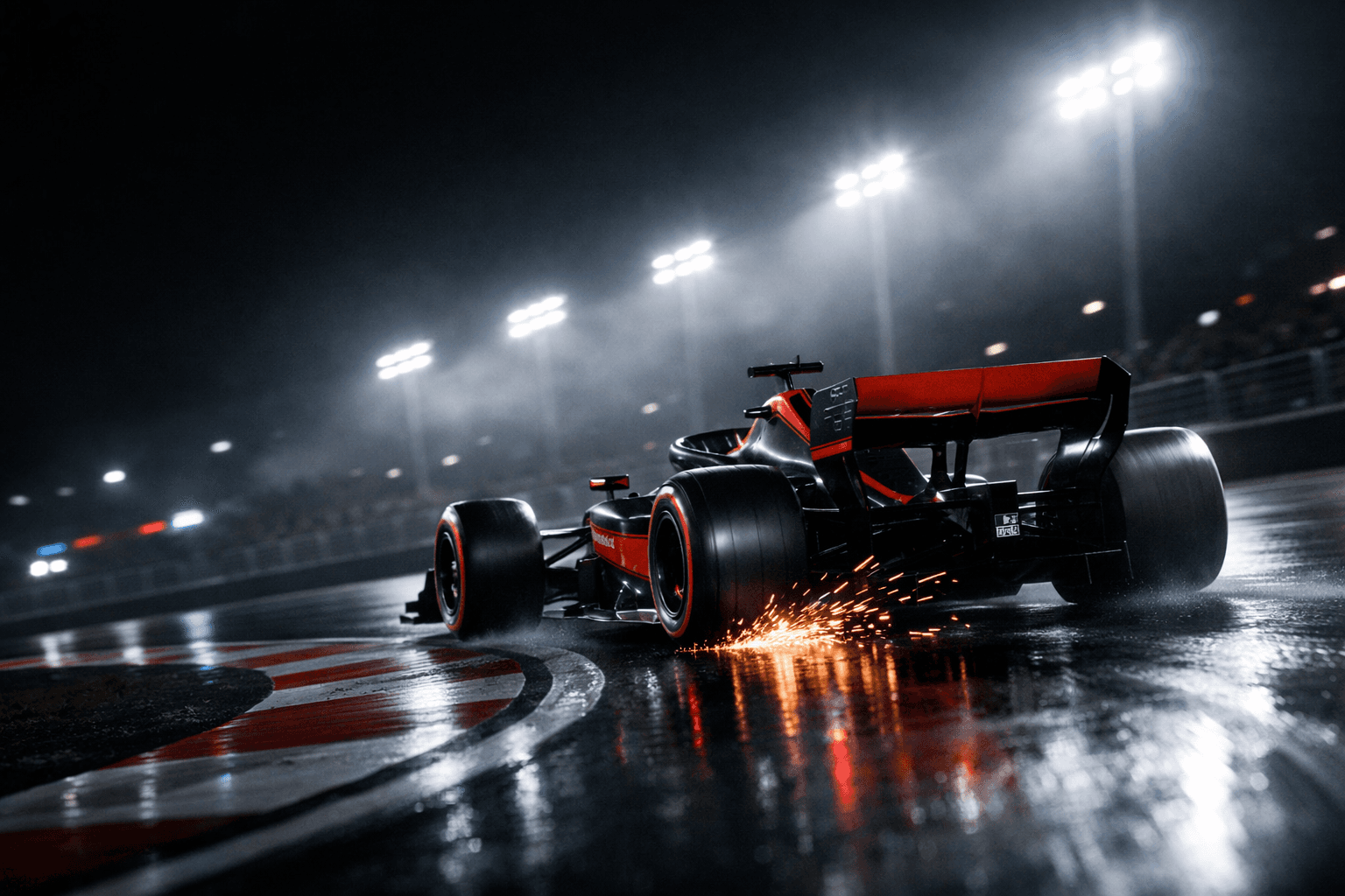 Formula 1 race action under lights