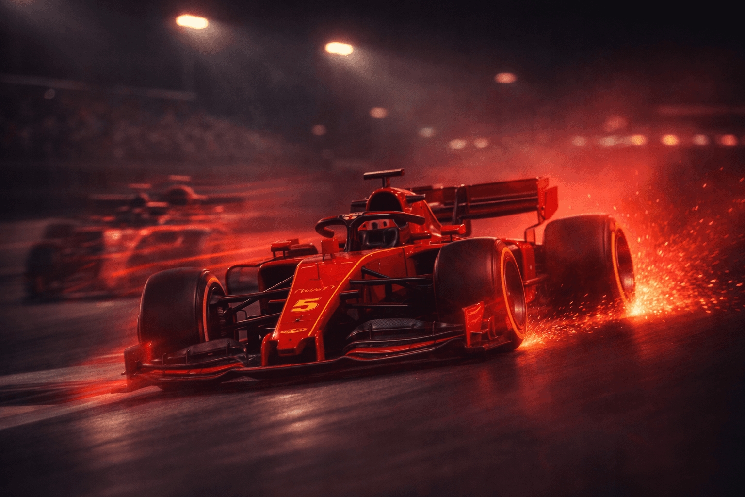 Formula 1 race car speeding under dramatic lights